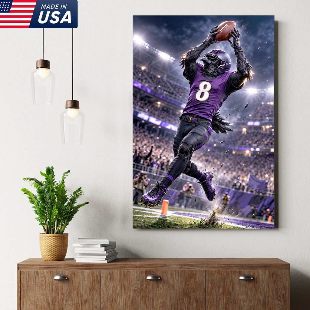 Raven Football Player Canvas Wall Art – Purple Stadium Touchdown Action Print