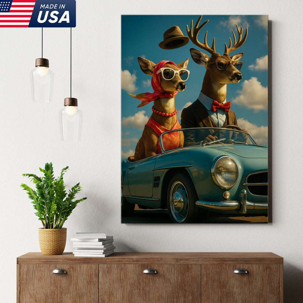 Retro Deer Couple Driving Canvas – Funny Buck & Doe in Convertible, Vintage Wall Art