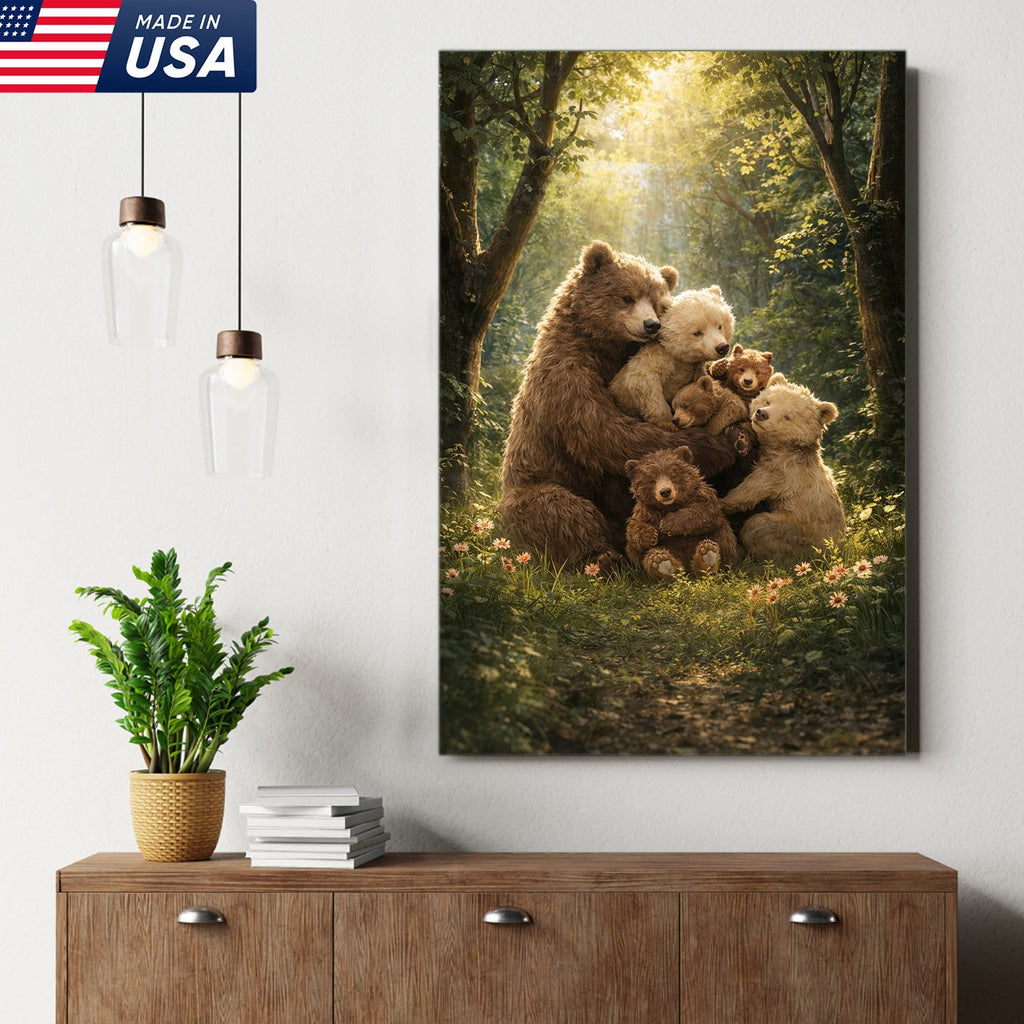 Heartwarming Bear Family Canvas Wall Art, Mother Bear with Cubs in Sunlit Forest