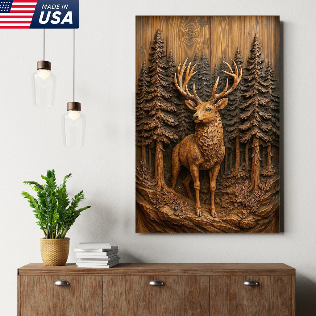Deer in Pine Forest Canvas Wall Art, Rustic Wood Carved Look Buck Artwork