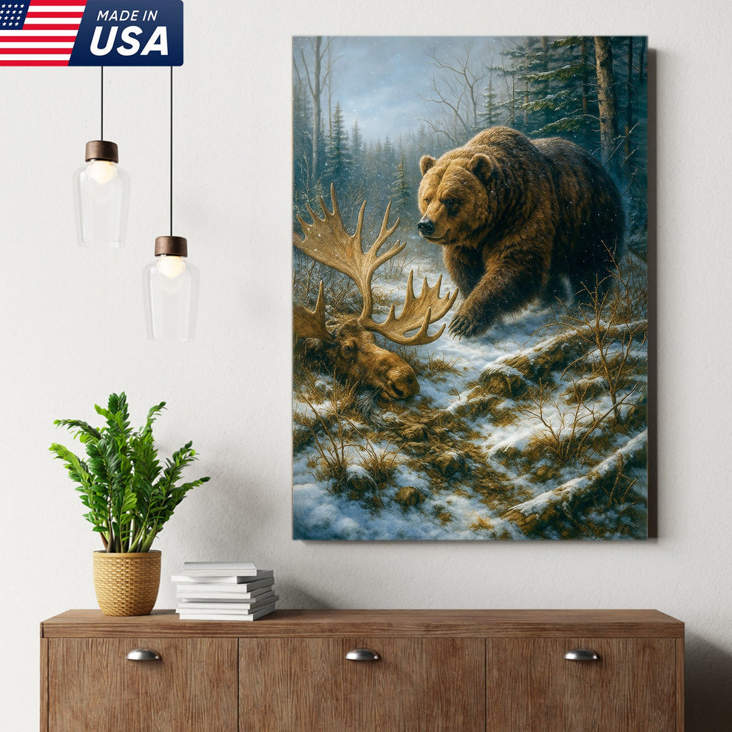 Grizzly Bear and Moose Wilderness Wall Art – Rustic Hunting Canvas for Cabin & Lodge Decor