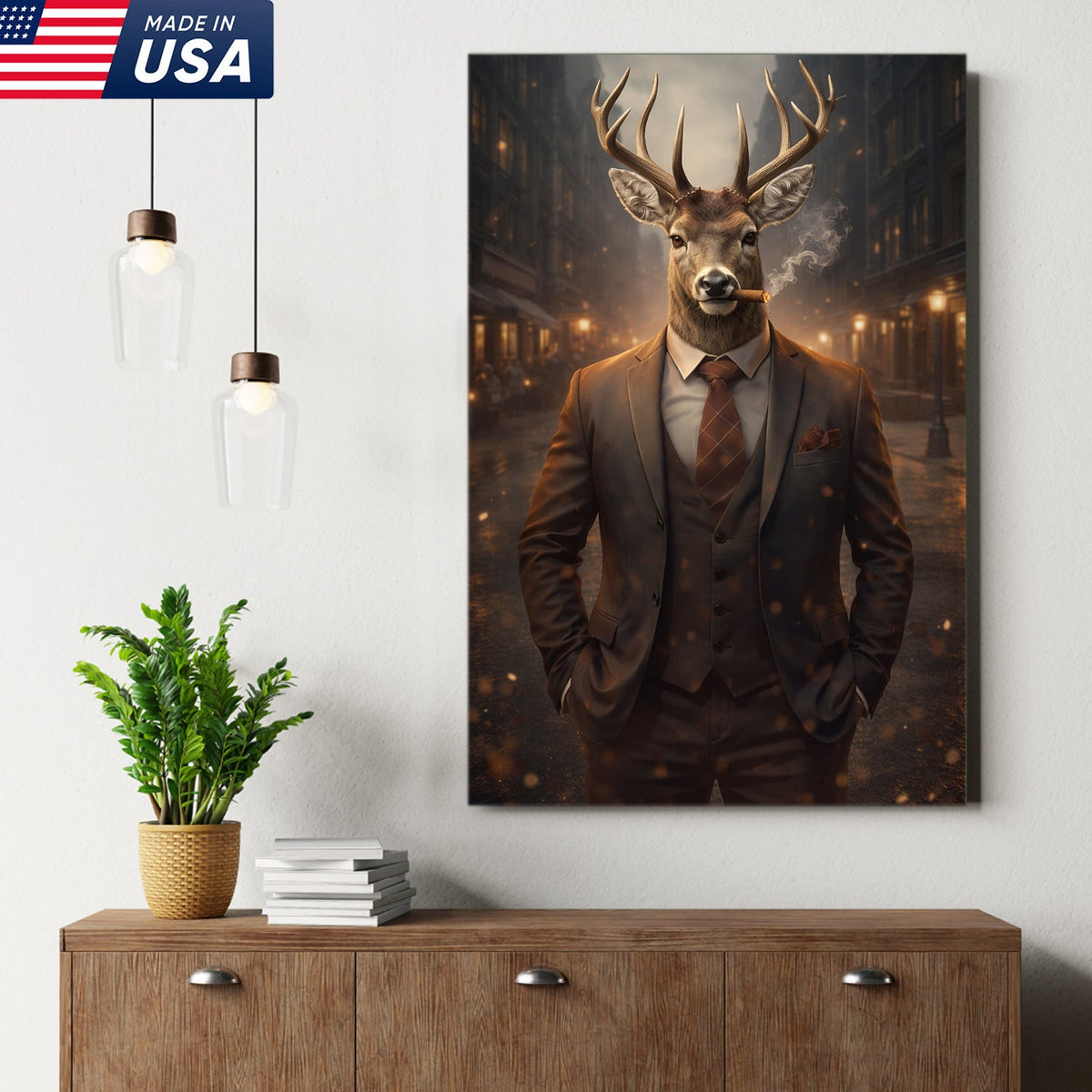 Stylish Deer Gentleman Canvas Wall Art, Anthropomorphic Animal City Night Artwork