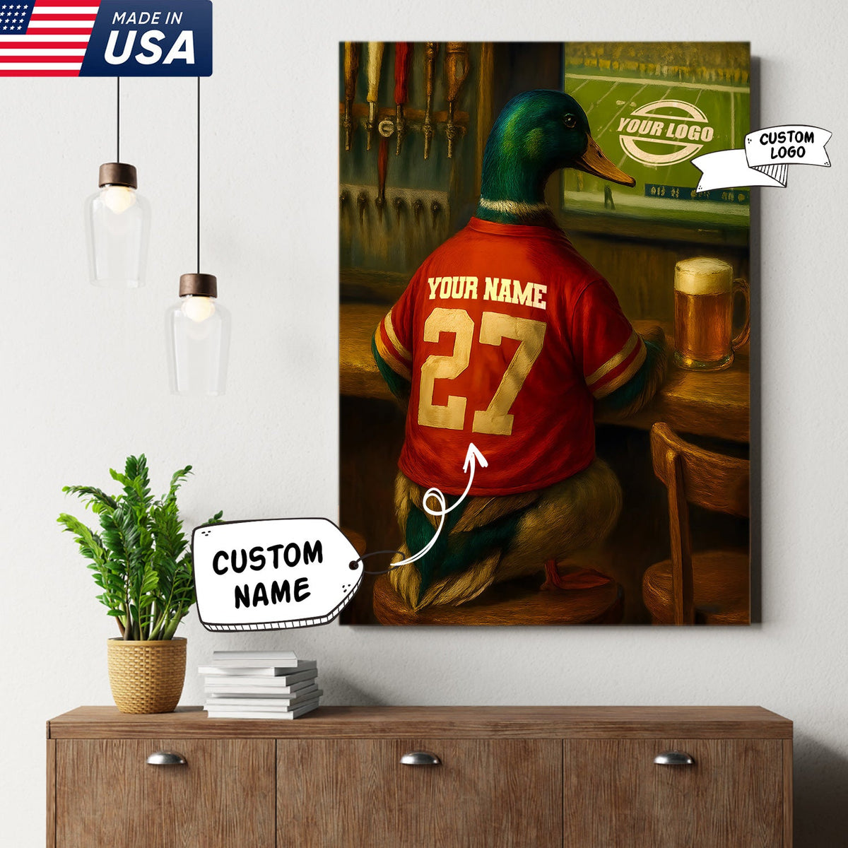 Custom Mallart Duck Football Canvas Wall Art – Personalized Duck Watching Sports Drinking Funny Sports Bar Decor