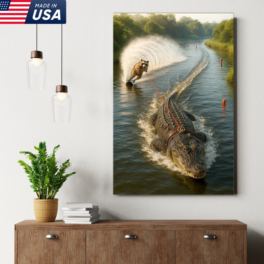 Racoon Water Skiing with Alligator Canvas Wall Art, Funny Animal Adventure Decor