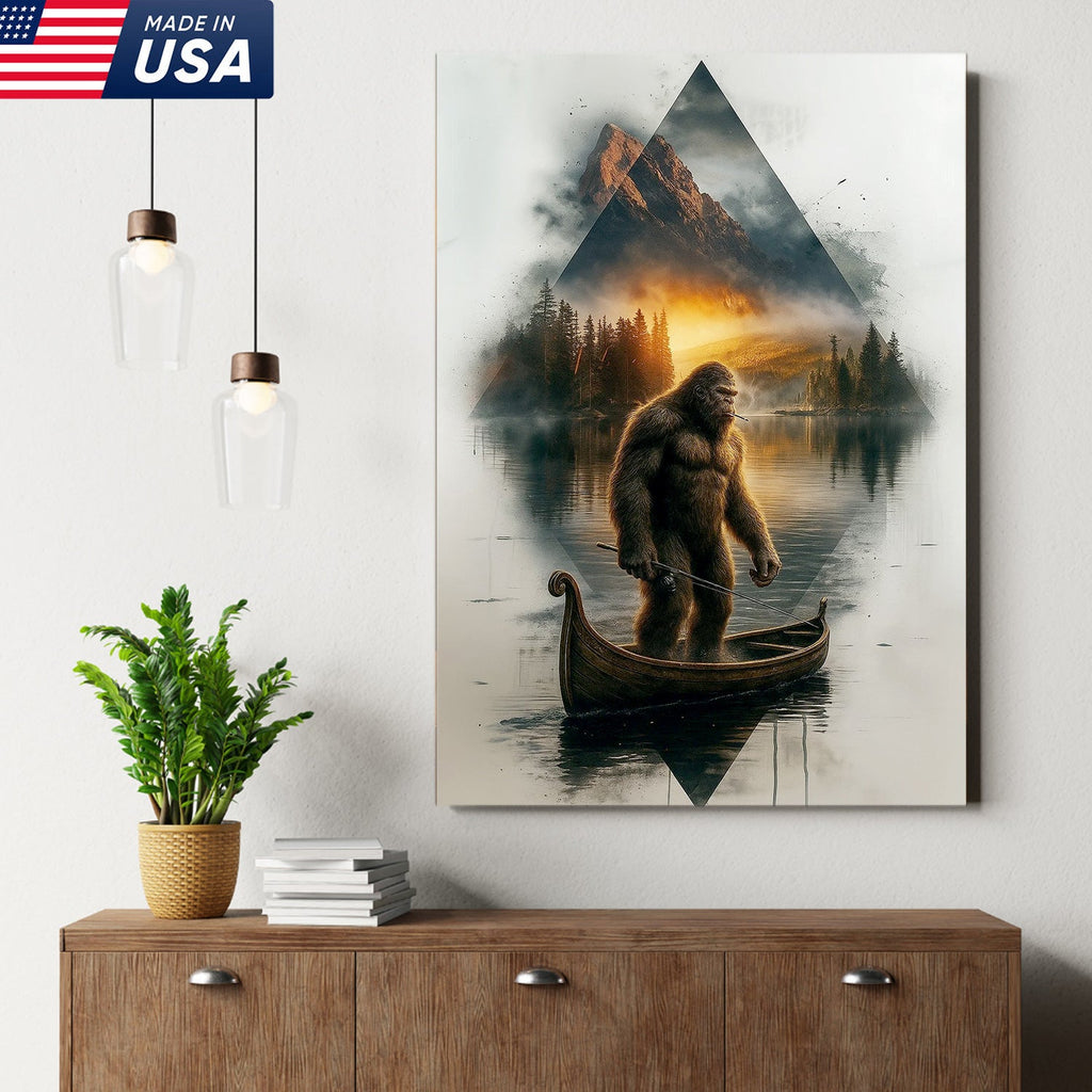 Bigfoot Fishing On Wooden Boat Adventure Canvas Wall Art – Mysterious Forest Lake Decor
