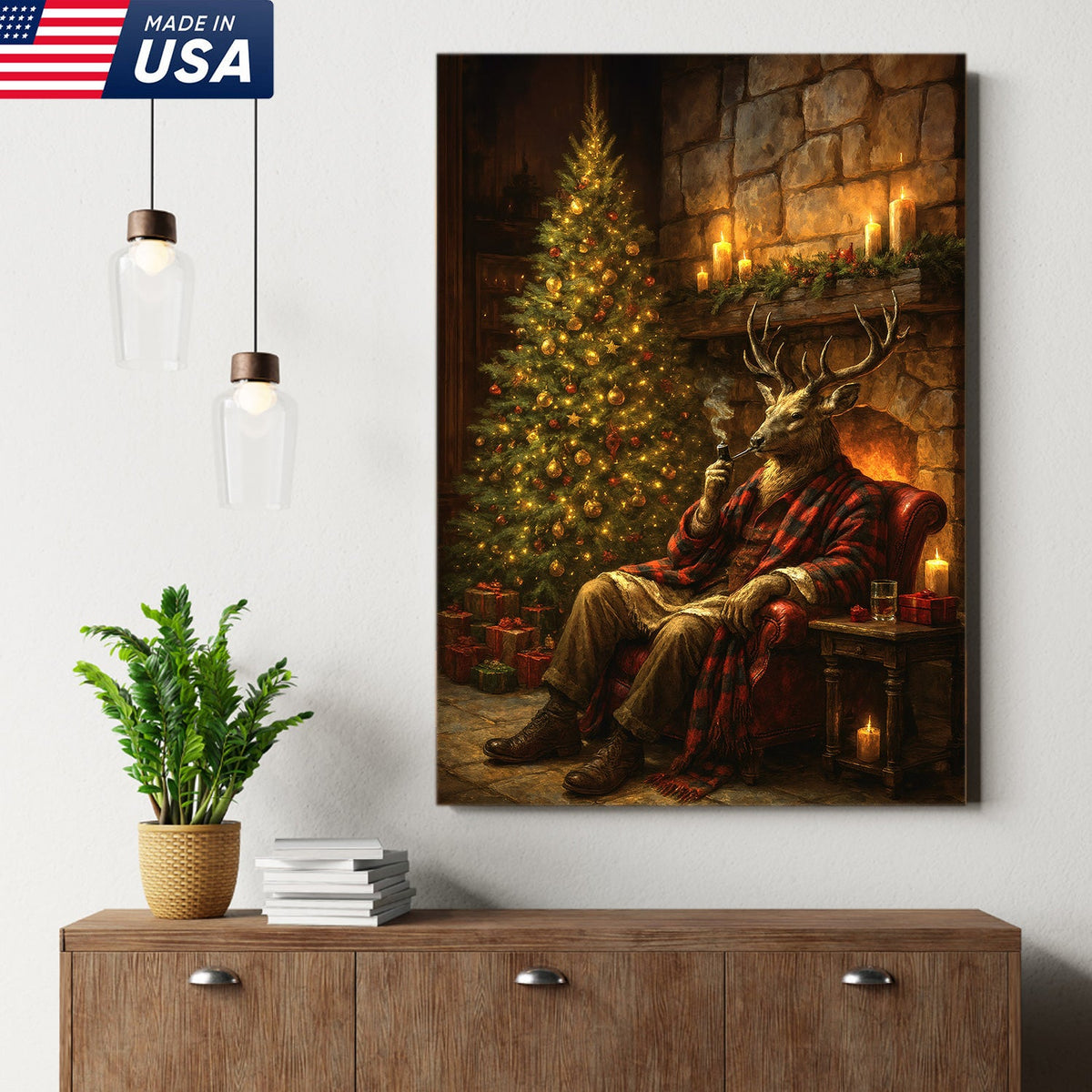 Christmas Deer Smoking Pipe Canvas - Cozy Cabin Wall Decor, Rustic Holiday Artwork