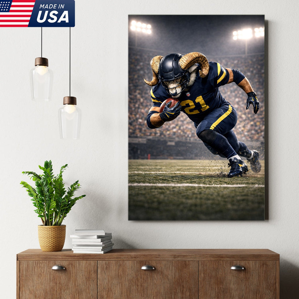 Mighty Ram Football Canvas Wall Art – Horned Athlete Stadium Action Print