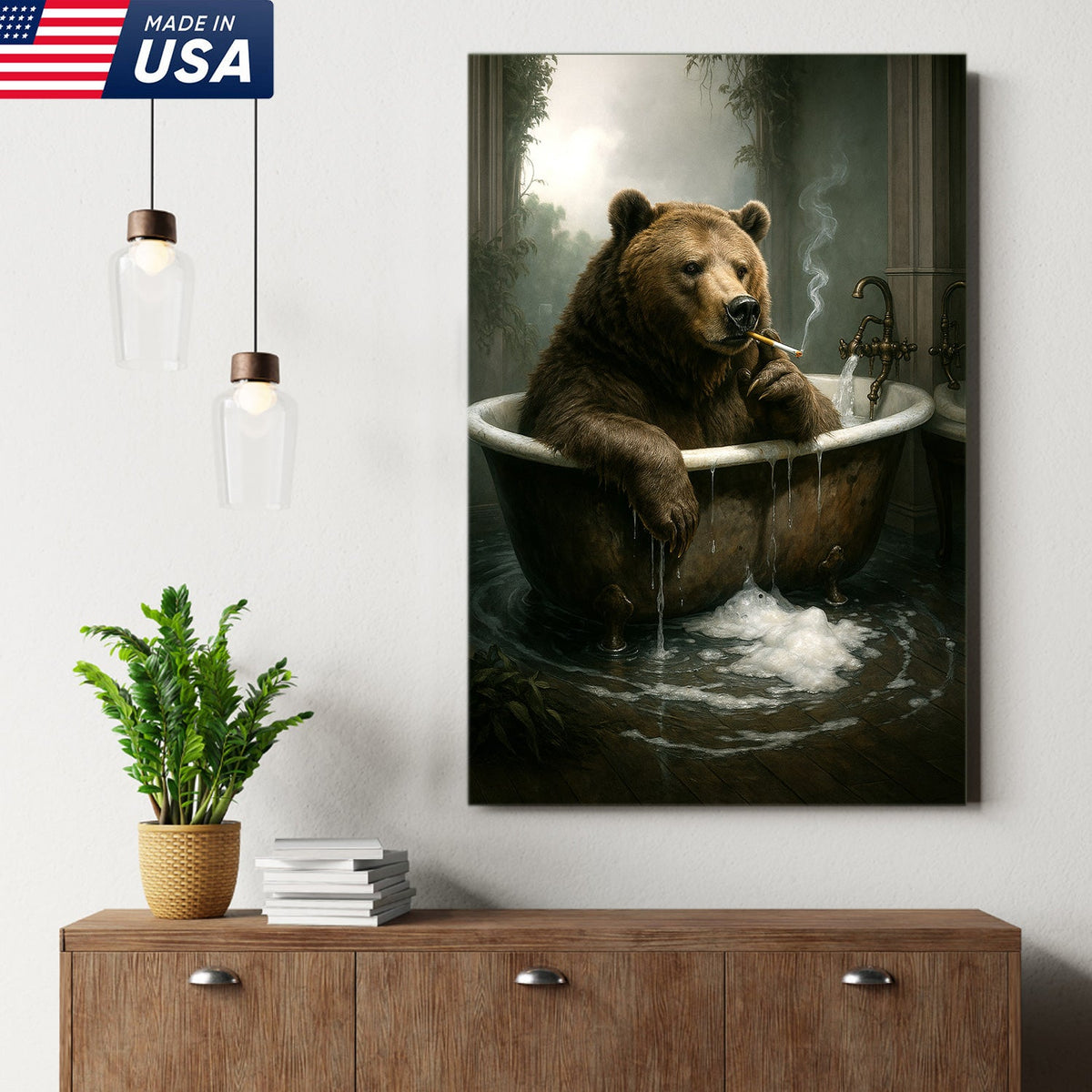Smoking Bear in Bathtub Canvas – Surreal Rustic Wall Art for Man Cave & Lodge Decor
