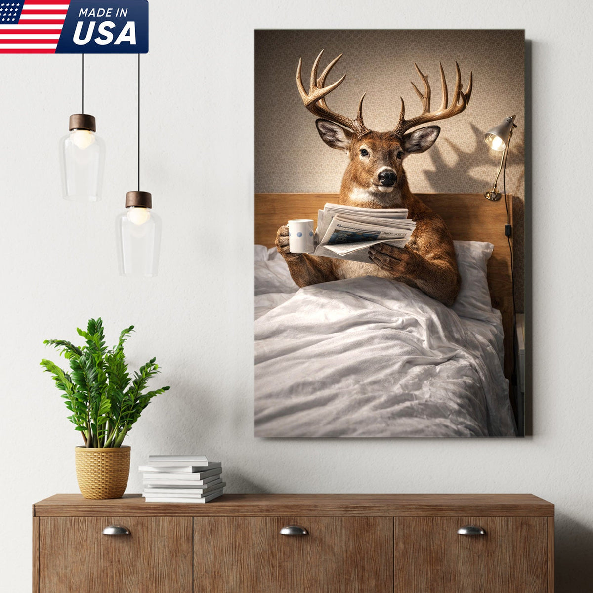 Funny Deer Canvas Wall Art Morning Coffee Newspaper Animal Humor Decor