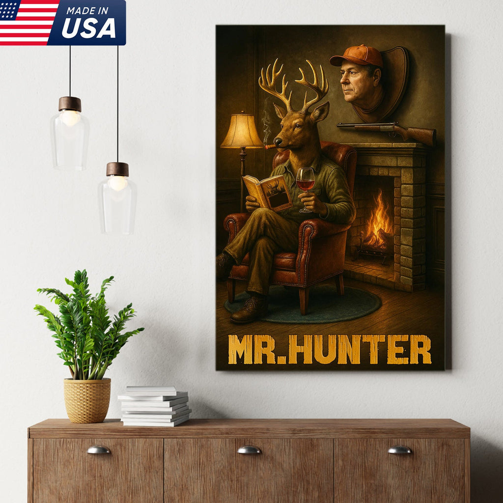 Funny Deer Hunter Wall Art, Rustic Cabin Decor for Hunters, Mr. Hunter Canvas Print