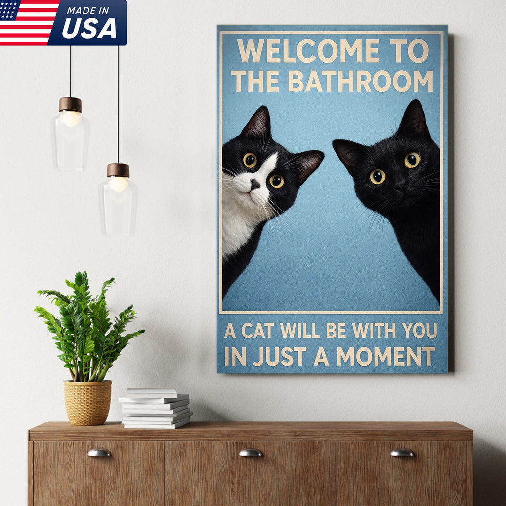 Funny Cat Bathroom Wall Art, Welcome to the Bathroom Cat Canvas