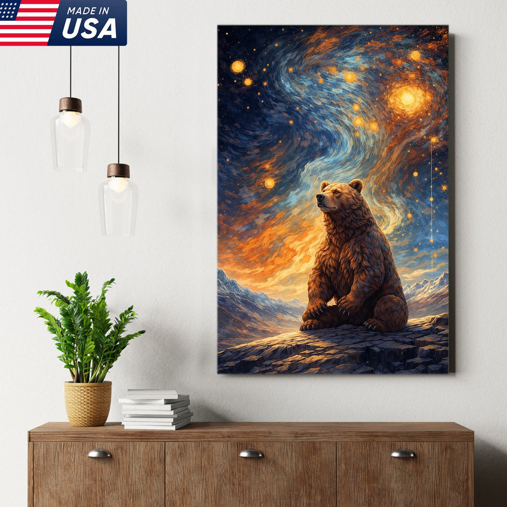 Cosmic Bear Under Starry Sky Canvas – Dreamy Galaxy Wildlife Wall Art