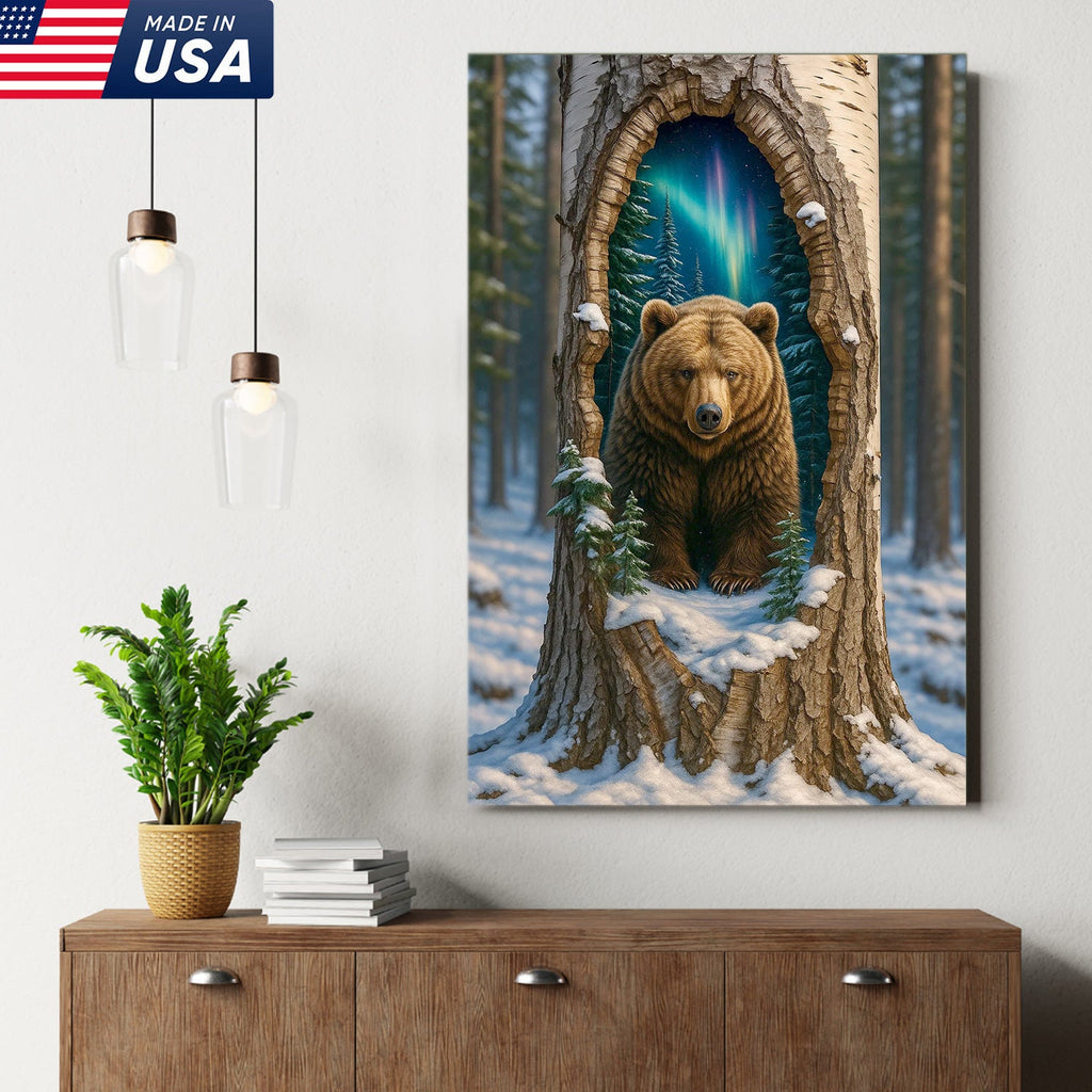 Aurora Borealis Bear in Hollow Tree Canvas Wall Art, Winter Forest Cabin Decor