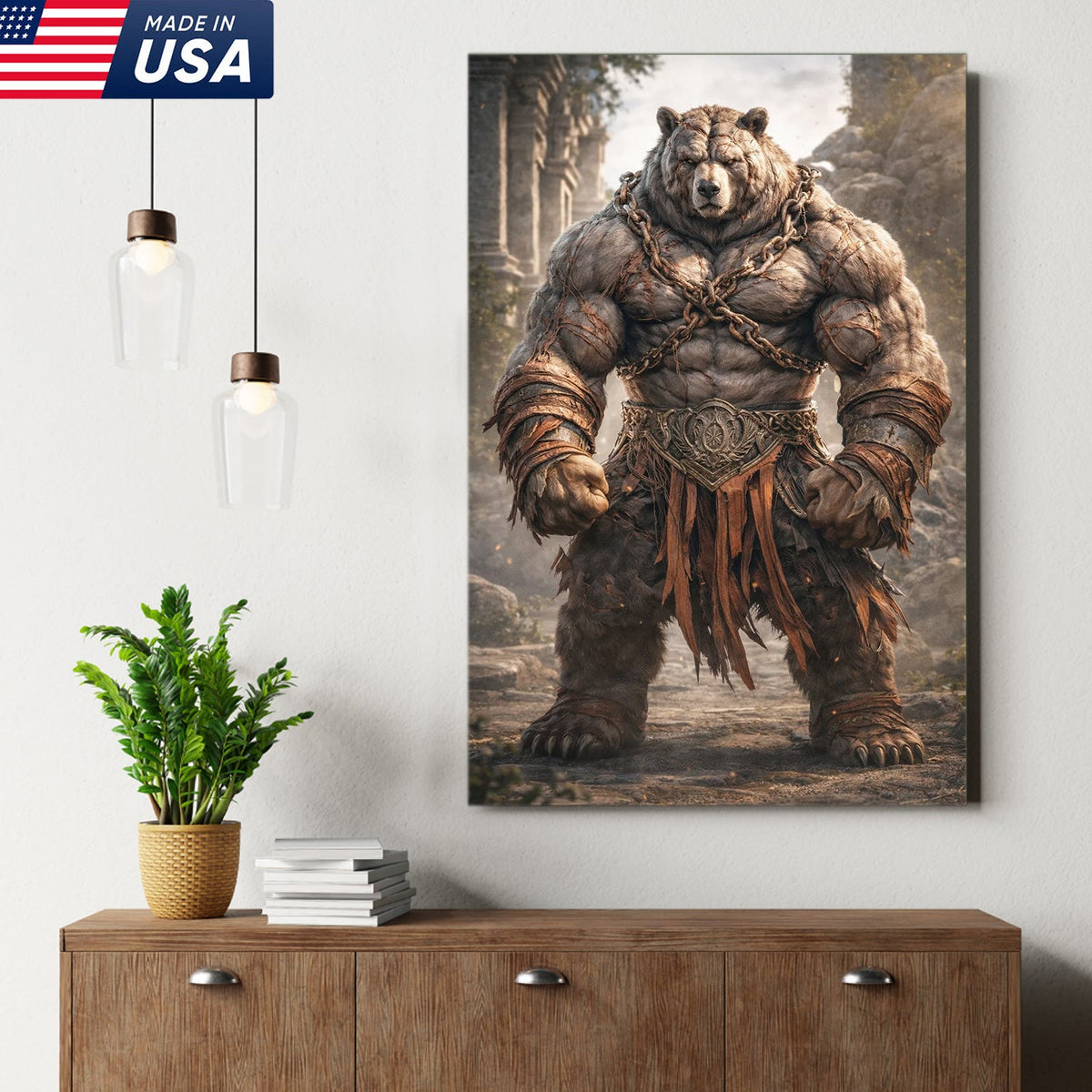 Epic Warrior Bear Canvas Wall Art – Fantasy Barbarian Animal Print
