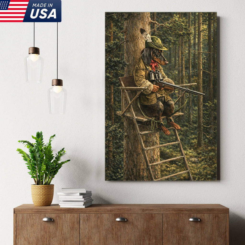 Funny Hunting Dog Wall Art, Dachshund Hunter Tree Stand Canvas