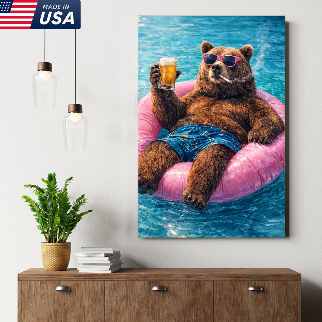Funny Bear Pool Canvas Wall Art – Cool Bear Drinking Beer Funny Animal Decor