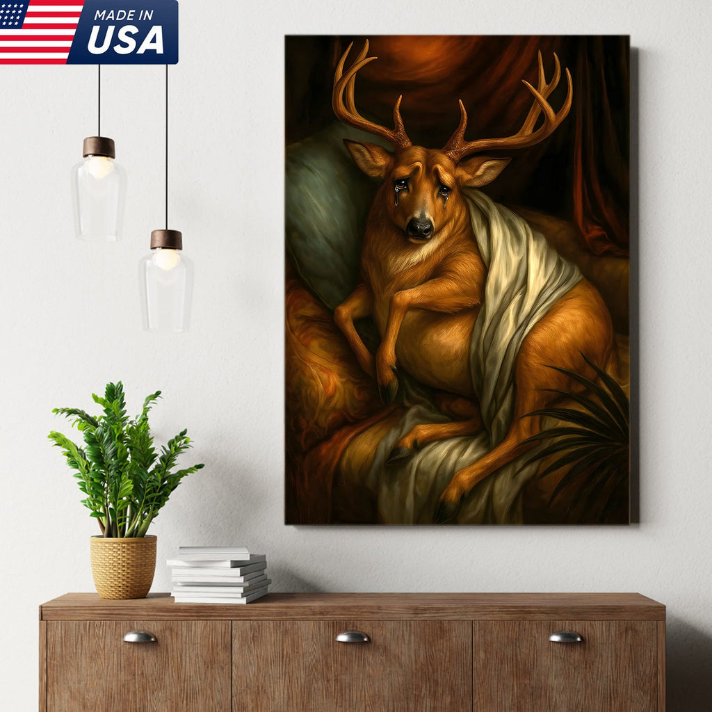 Funny Deer Portrait Canvas Wall Art, Renaissance Buck Painting with Draped Cloth