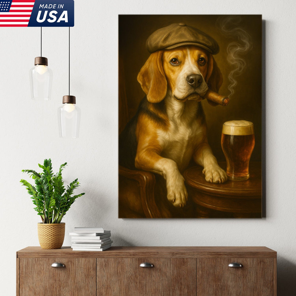 Beagle Dog Cigar Wall Art Canvas – Funny Beer Lover Wall Art for Rustic Bar & Man Cave