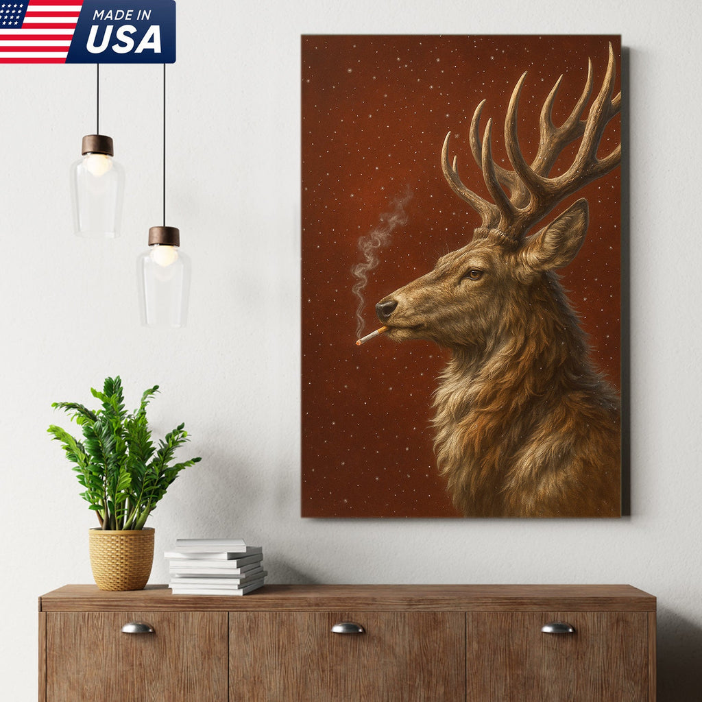 Smoking Deer Wall Art Canvas – Rustic Buck Canvas Print, Funny Christmas Cabin Decor