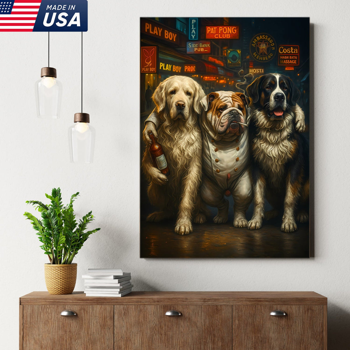 Three Drunk Dogs Canvas – Funny Bar Dog Wall Art for Men’s Room or Home Bar