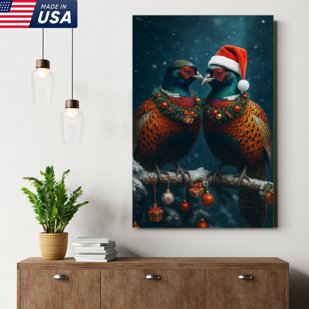 Christmas Pheasant Wall Art Canvas - Holiday Bird Couple Print, Rustic Wildlife Decor