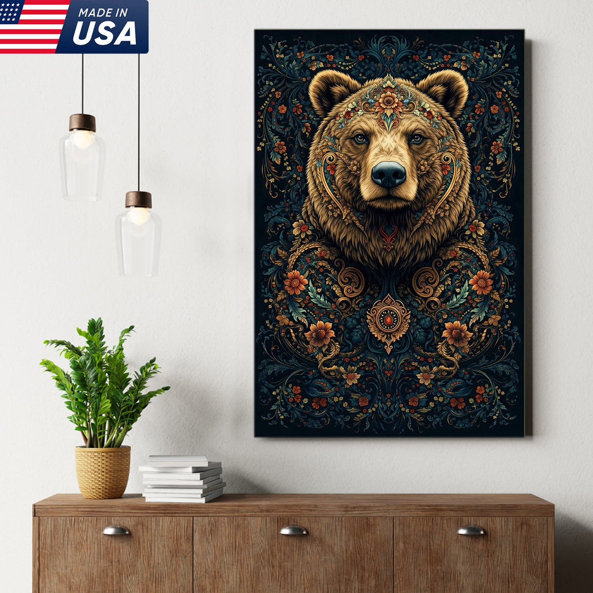 Ornate Floral Bear Canvas Wall Art, Majestic Bear Portrait with Decorative Pattern