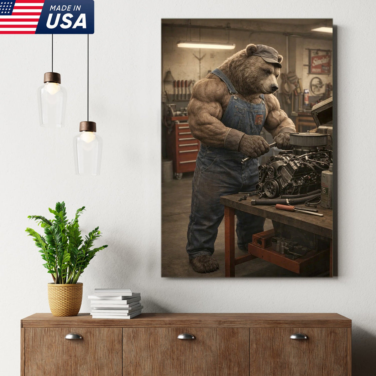 Muscular Bear Mechanic Canvas Wall Art – Realistic Animal Workshop Print