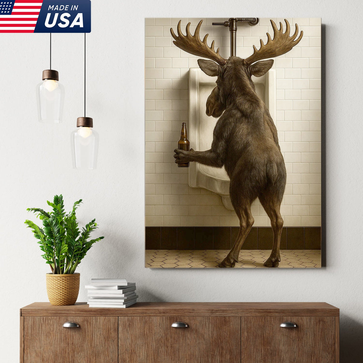 Moose Bathroom Canvas Wall Art - Funny Rustic Lodge Decor for Cabin and Hunting Enthusiasts