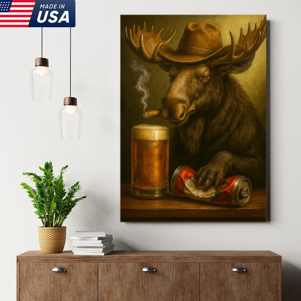Rustic Cowboy Moose Beer Canvas – Funny Bar Wall Art Gift for Hunters, Cabin Decor & Man Caves