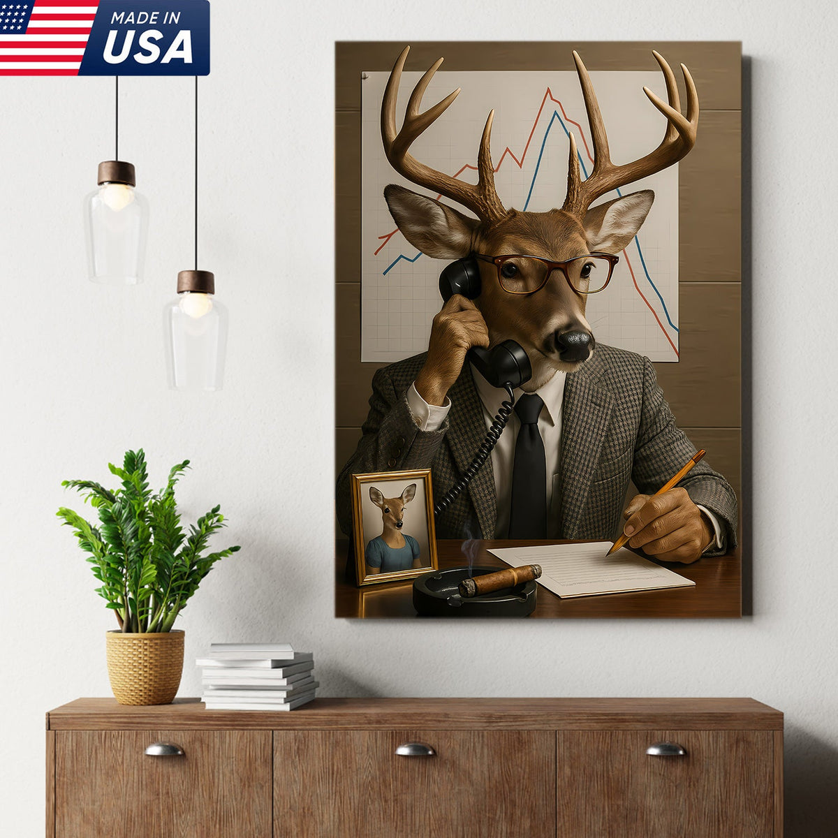 Funny Deer Businessman Canvas, Hilarious Office Buck Wall Art, Quirky Animal Decor for Workspace
