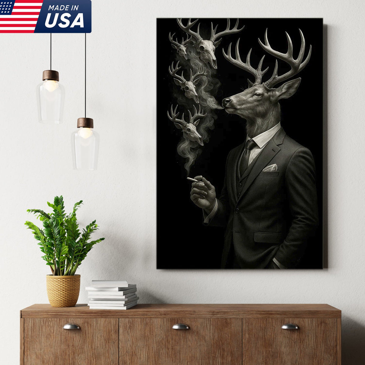 Gentleman Deer Canvas Wall Art, Elegant Buck in Suit Artwork, Rustic Cabin Decor for Hunters