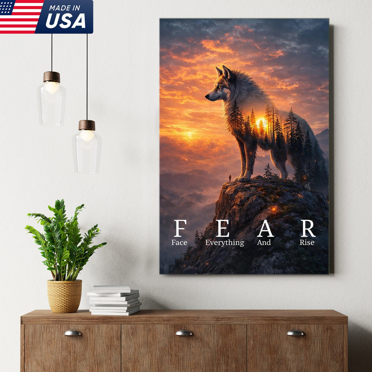 Fear Face Everything And Rise Wolf Canvas Wall Art, Inspirational Sunset Wolf Artwork
