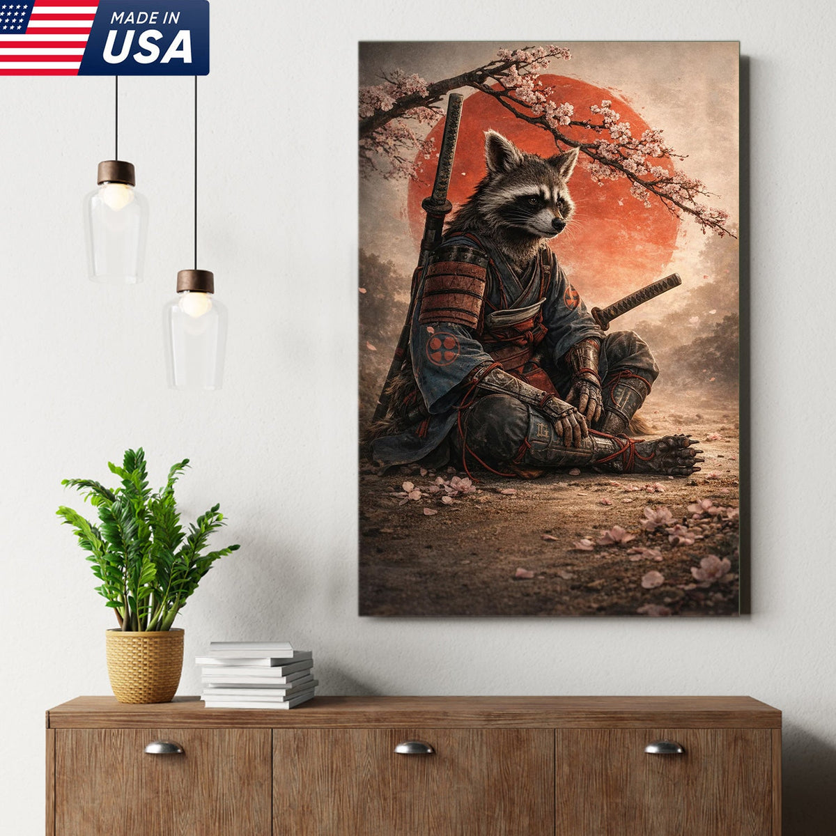 Samurai Raccoon Wall Art Canvas Print, Japanese Warrior Animal Illustration