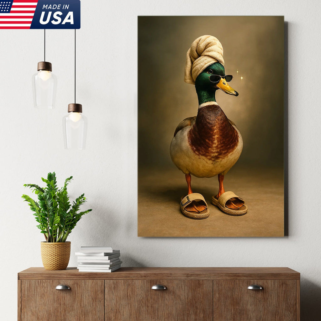 Spa Day Duck Canvas Wall Art, Funny Mallard in Towel and Sandals Bathroom Decor