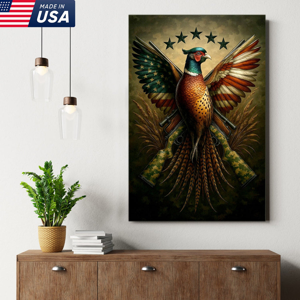American Flag Pheasant Canvas Wall Art, Patriotic Hunting Decor for Men, Rustic Cabin Artwork