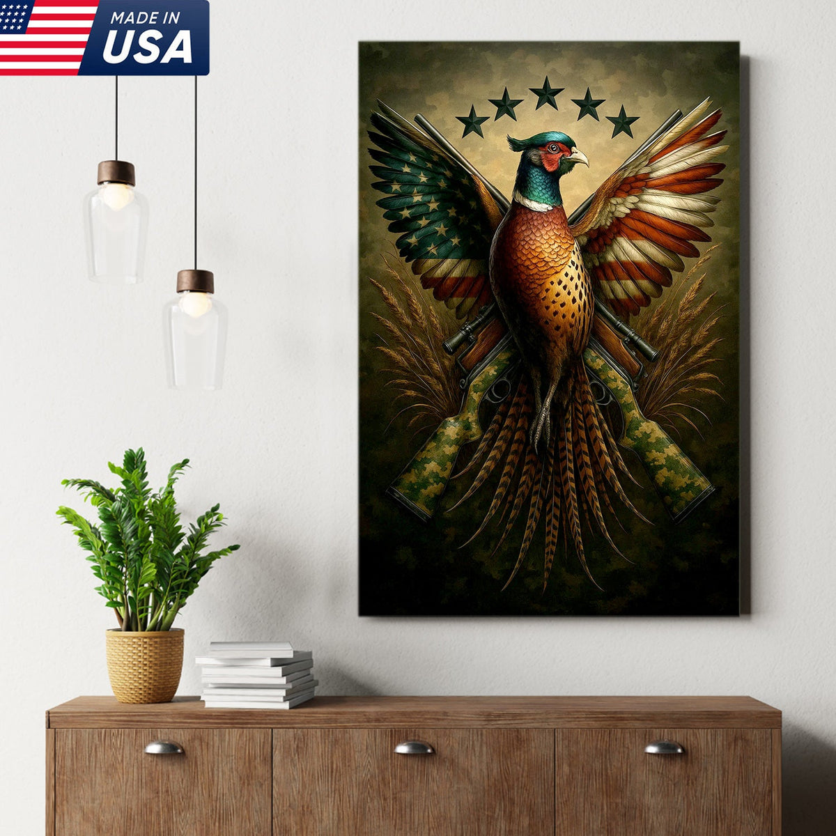 American Flag Pheasant Canvas Wall Art, Patriotic Hunting Decor for Men, Rustic Cabin Artwork