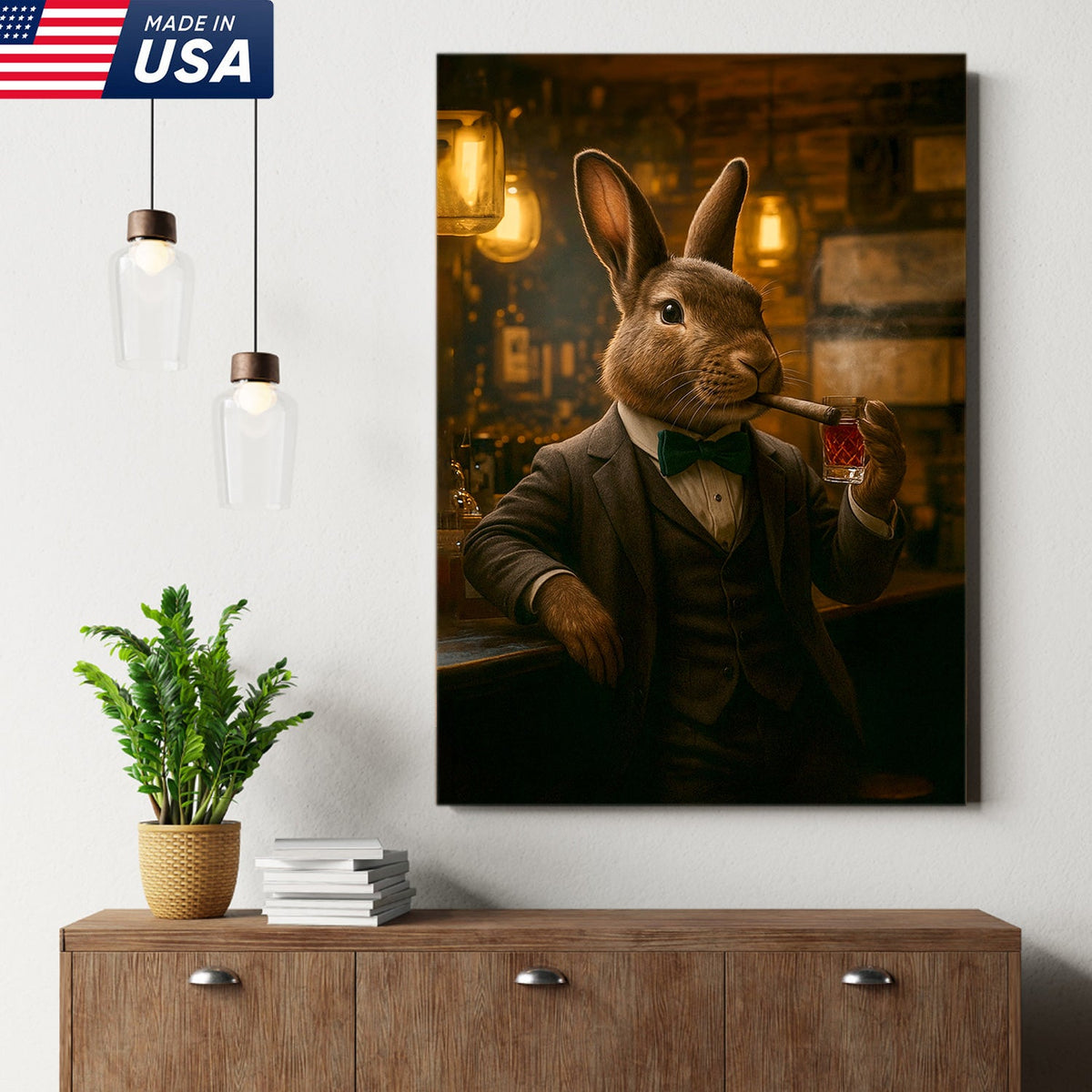 Rabbit Gentleman Wall Art – Classy Drinking & Smoking Canvas for Bar, Lodge & Man Cave Decor