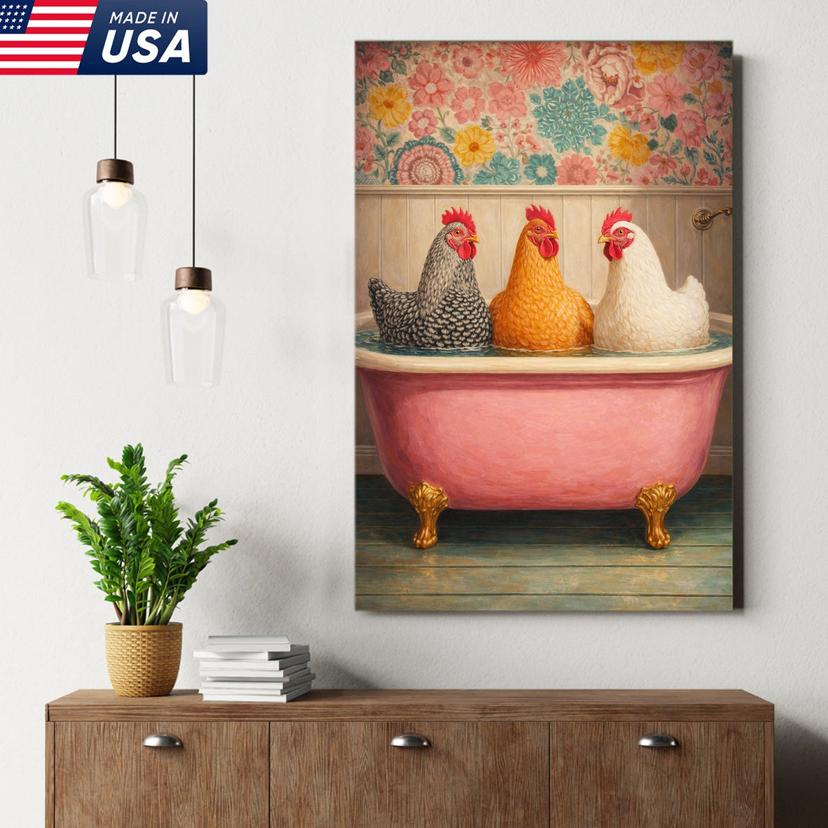 Funny Chicken Bathroom Canvas Wall Art – Chickens In Bathtub Painting