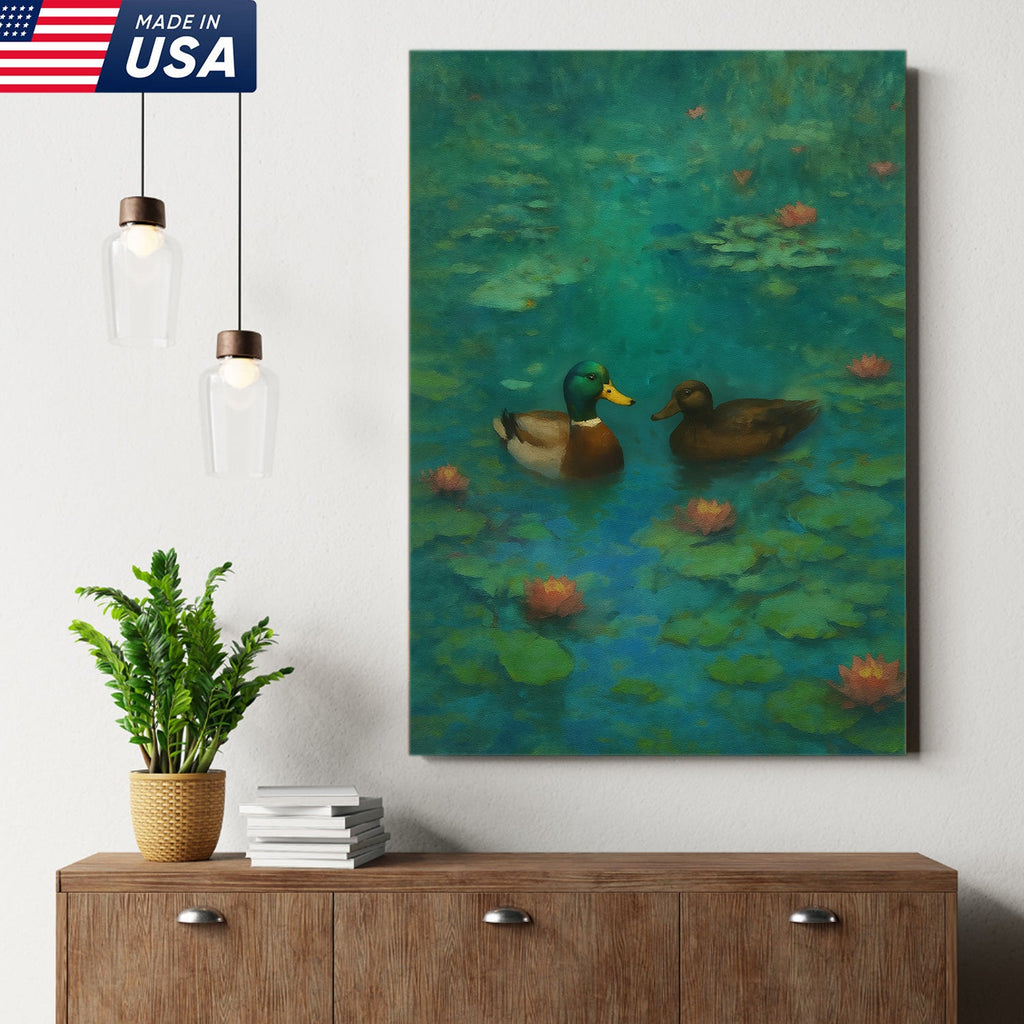 Romantic Mallard Duck Canvas Wall Art – Tranquil Pond & Water Lily Canvas
