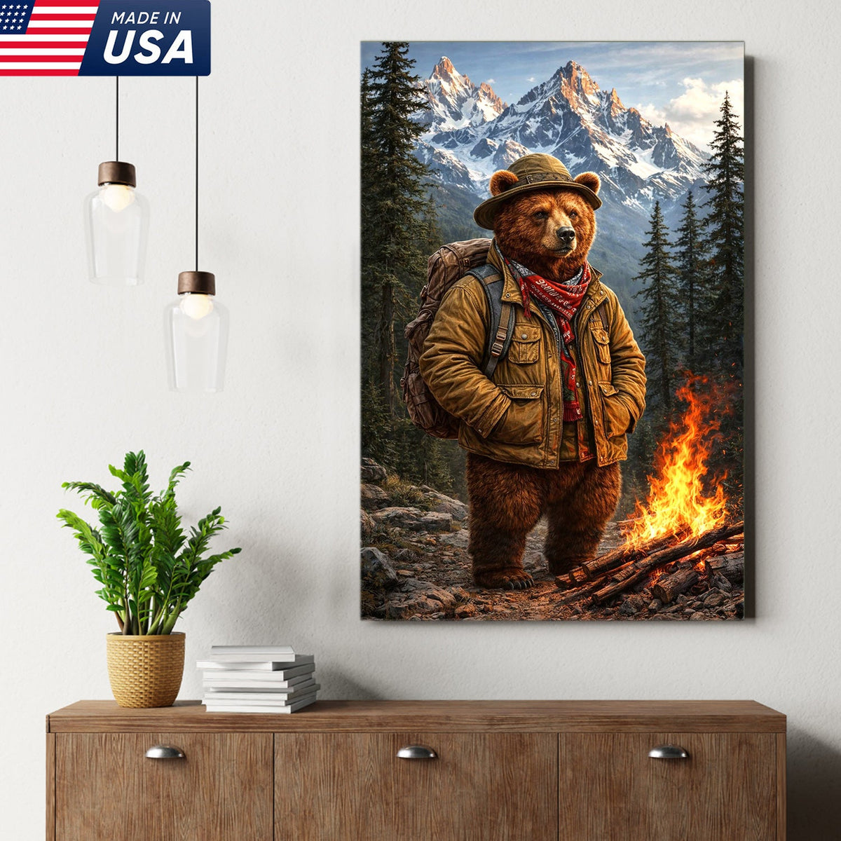 Mountain Explorer Bear Canvas Wall Art – Realistic Wildlife Hiking Print