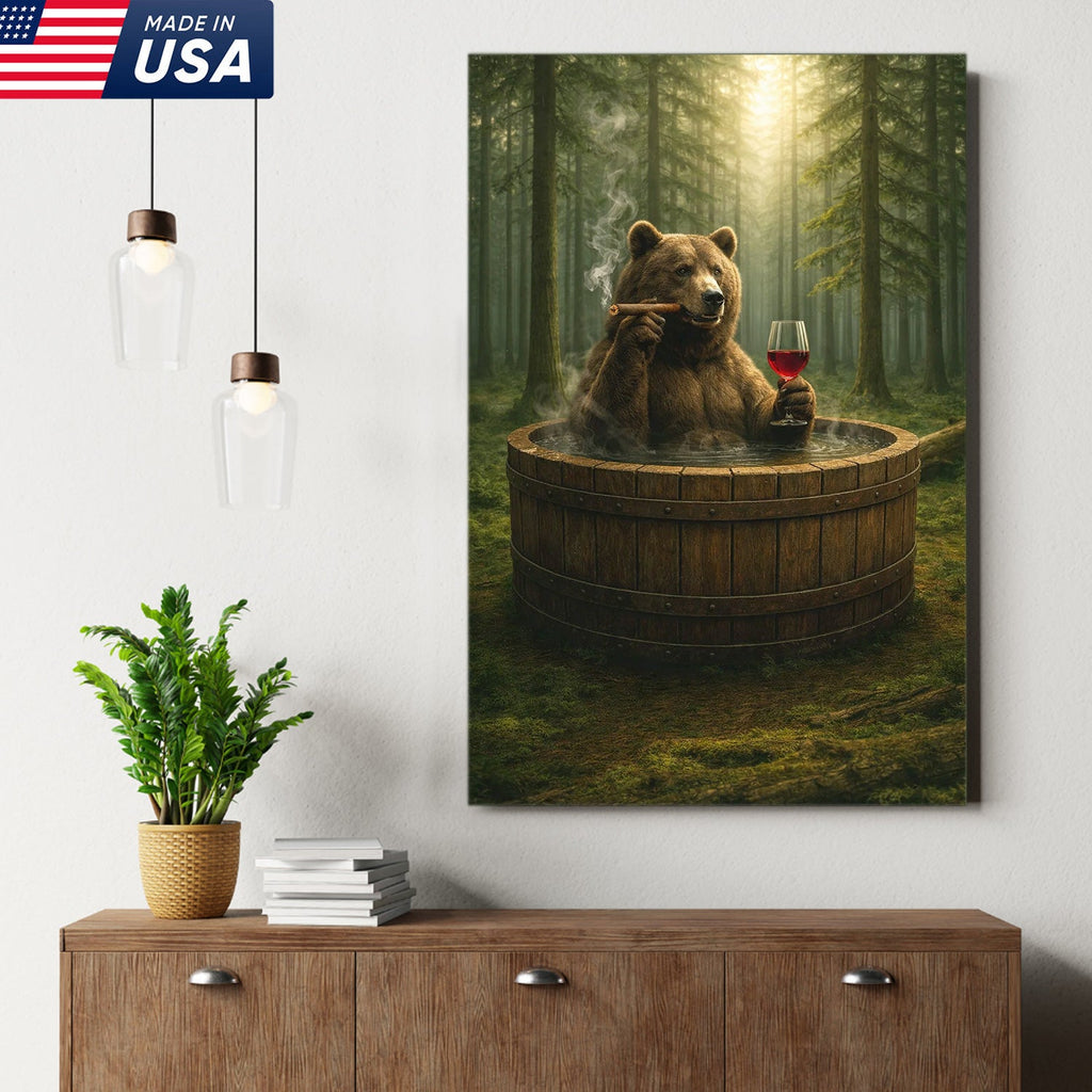 Relaxing Bear Forest Bath Canvas Wall Art, Whimsical Woodland Animal Illustration