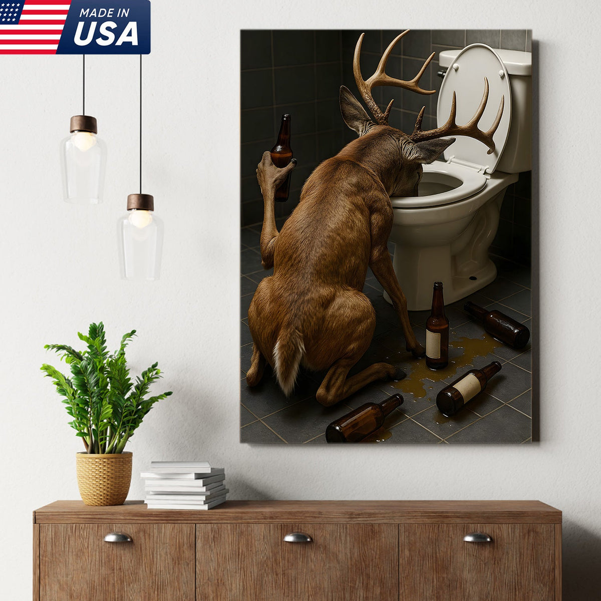 Funny Drunk Deer Canvas Wall Art, Hilarious Buck Bathroom Decor