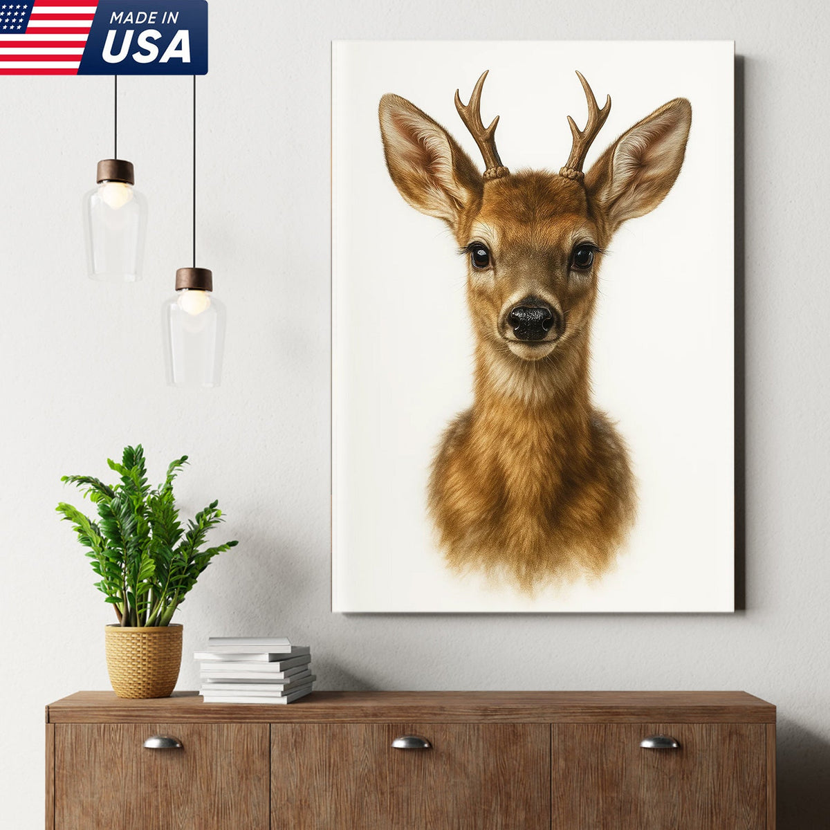 Minimalist Deer Canvas Wall Art, Realistic Baby Buck Portrait, Modern Wildlife Animal Print