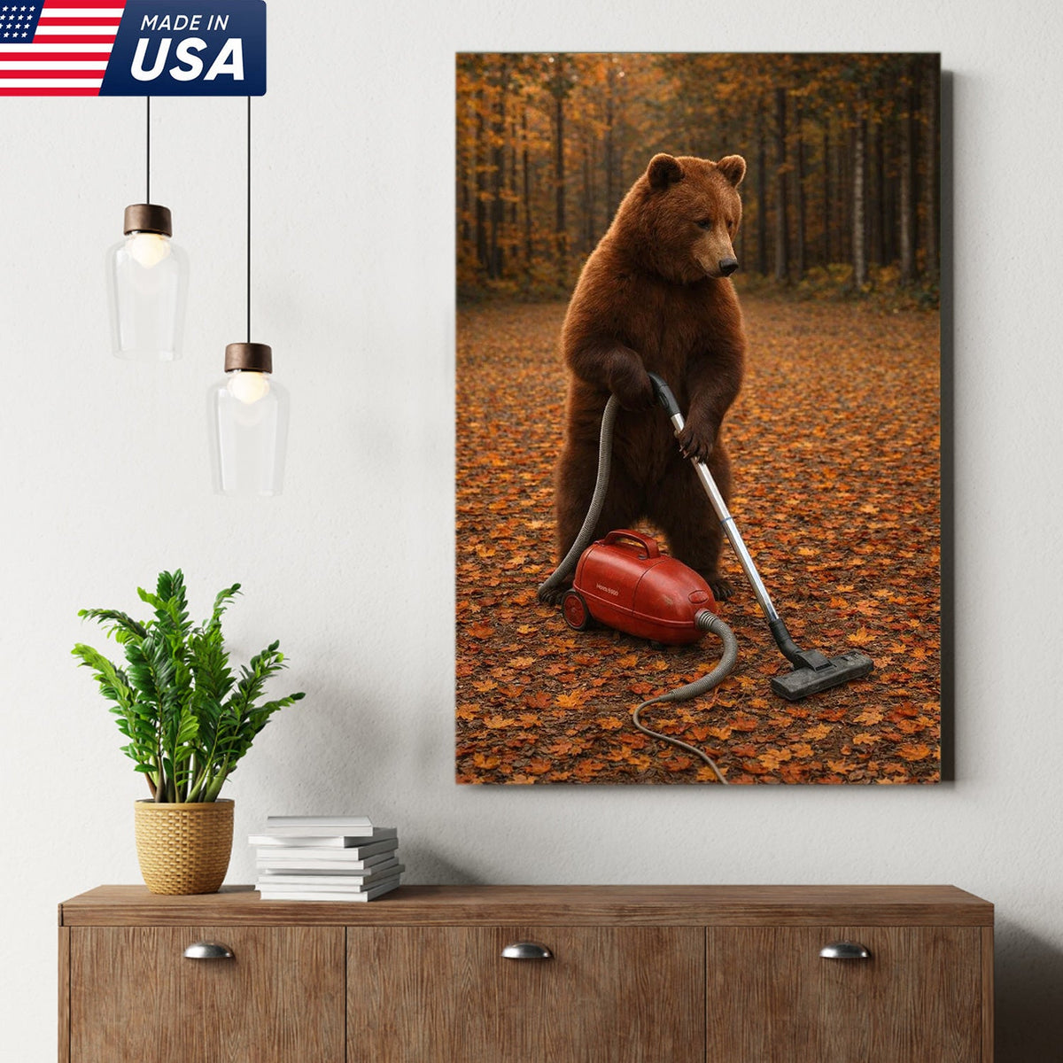 Funny Bear Vacuuming Leaves Canvas Wall Art, Whimsical Autumn Animal Humor Print