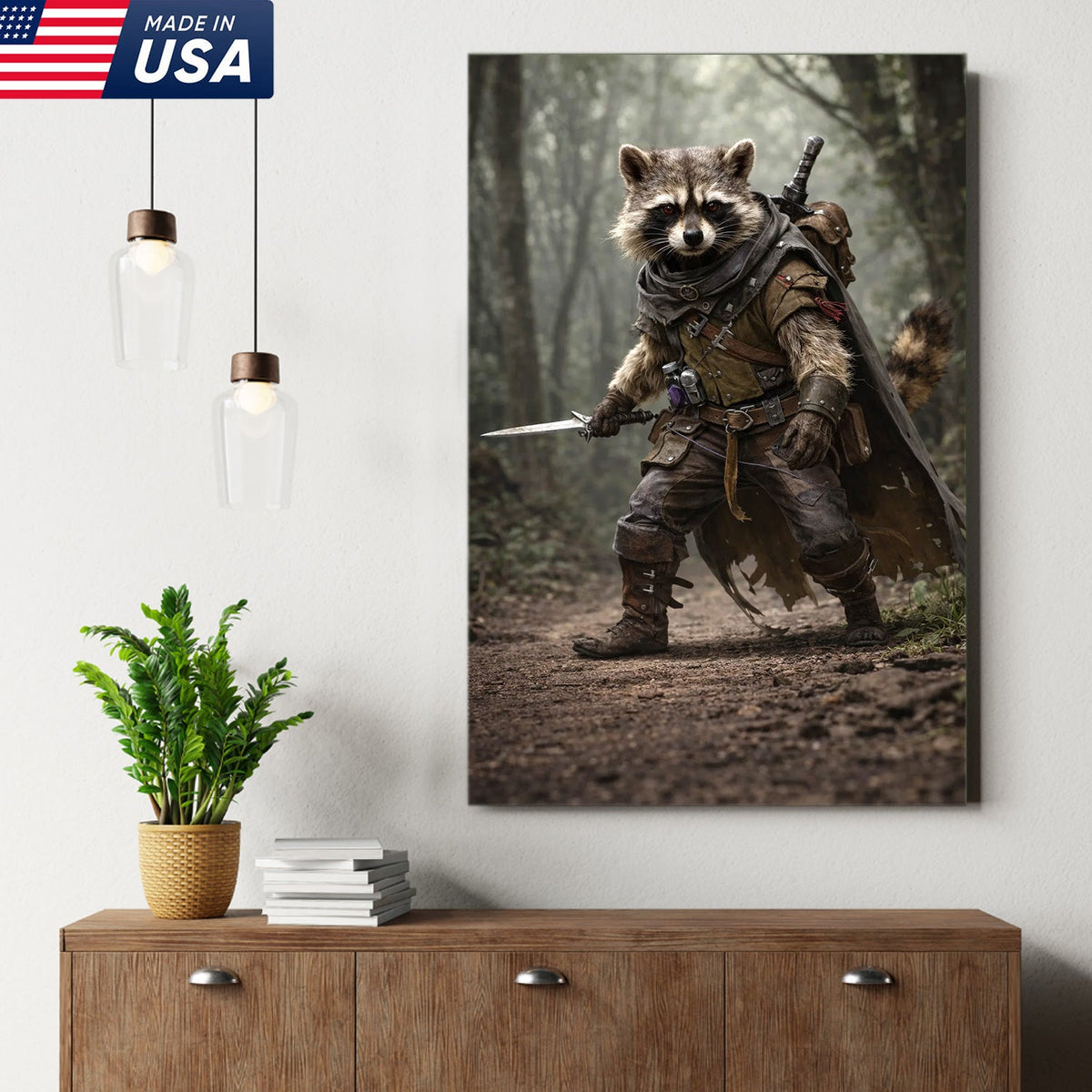Epic Raccoon Warrior Wall Art Canvas Print, Fantasy Adventurer Animal Illustration