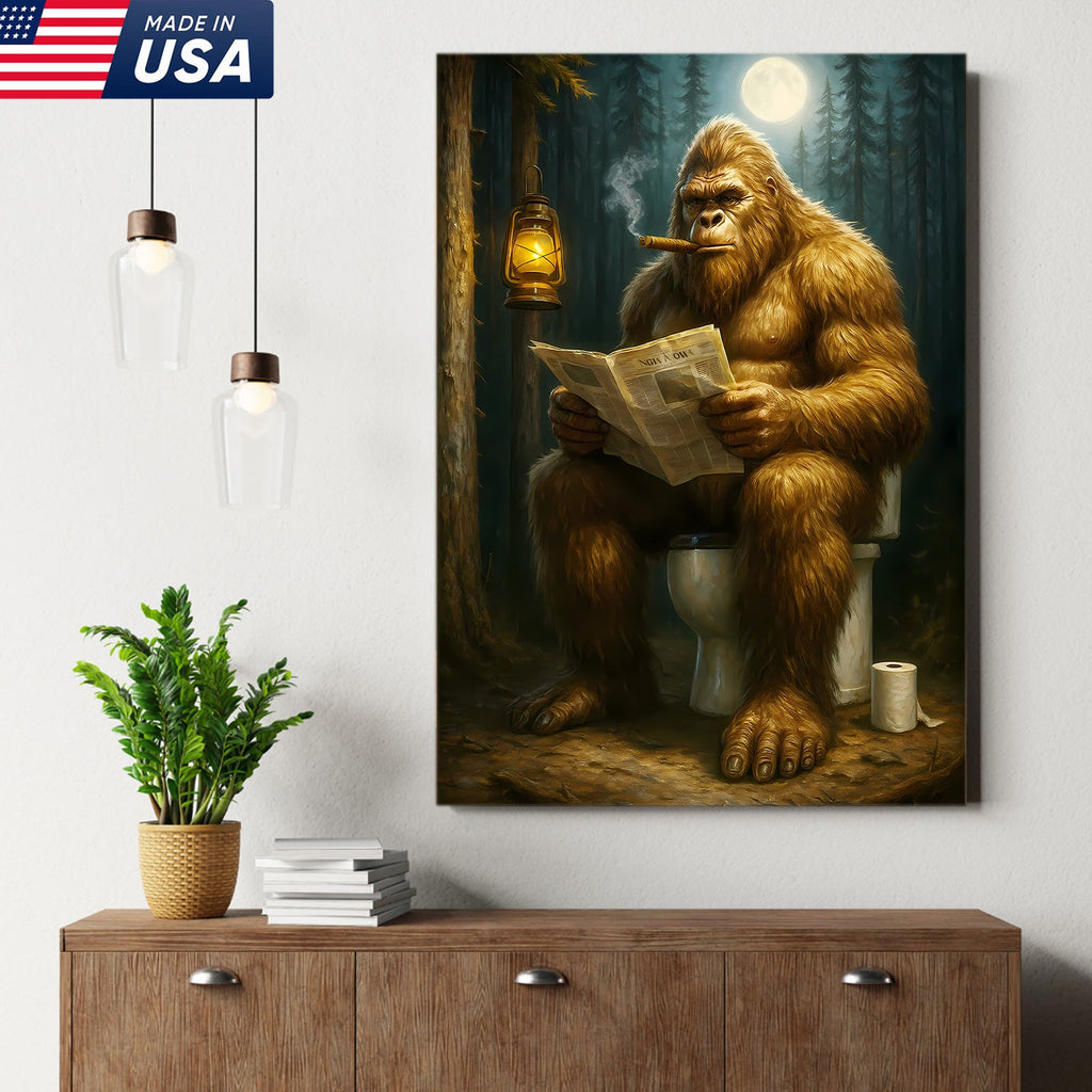 Funny Bigfoot Bathroom Canvas Wall Art, Sasquatch Reading Newspaper Picture