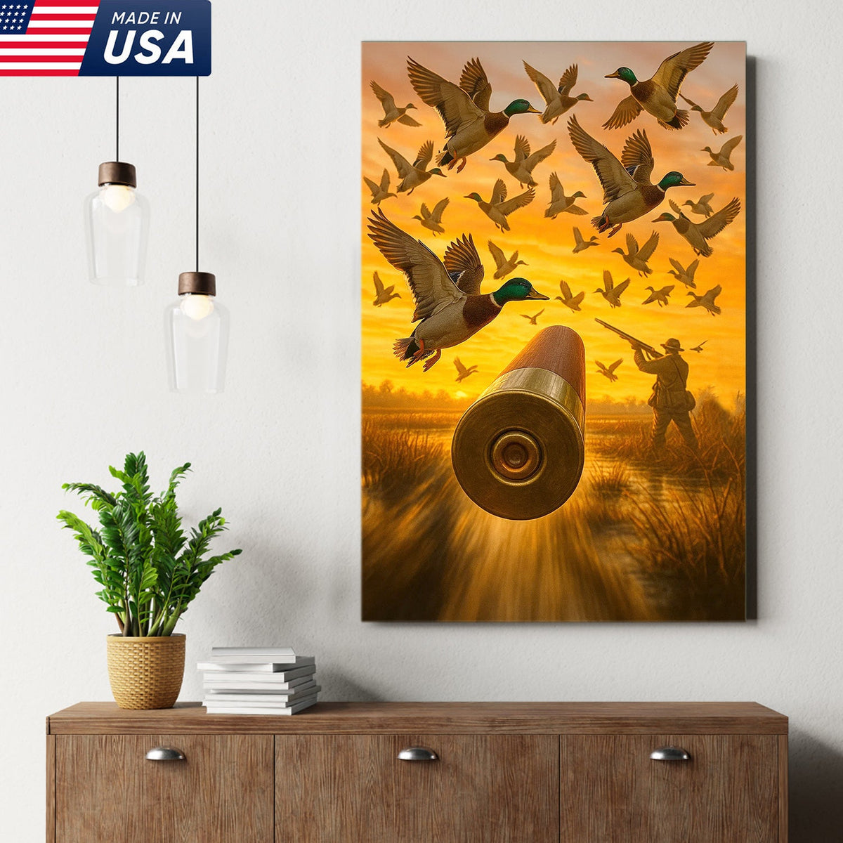 Duck Hunting Canvas Wall Art, Shotgun Shell and Flying Mallards Artwork, Rustic Cabin Decor for Hunters