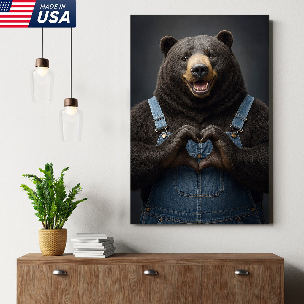 Cute Bear Heart Hands Wall Art Canvas – Whimsical Animal Print for Cabin