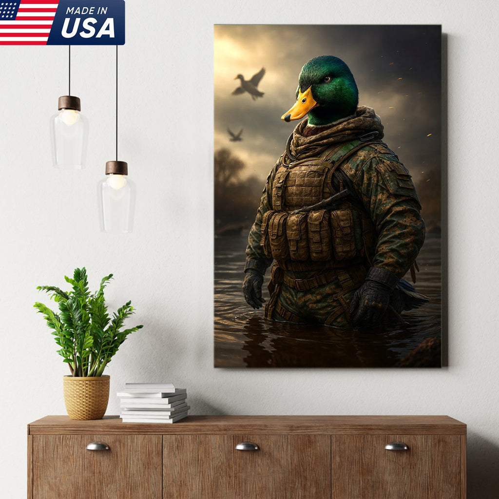 Tactical Duck Canvas Art – Elite Armored Mallard Warrior in Battle Scene