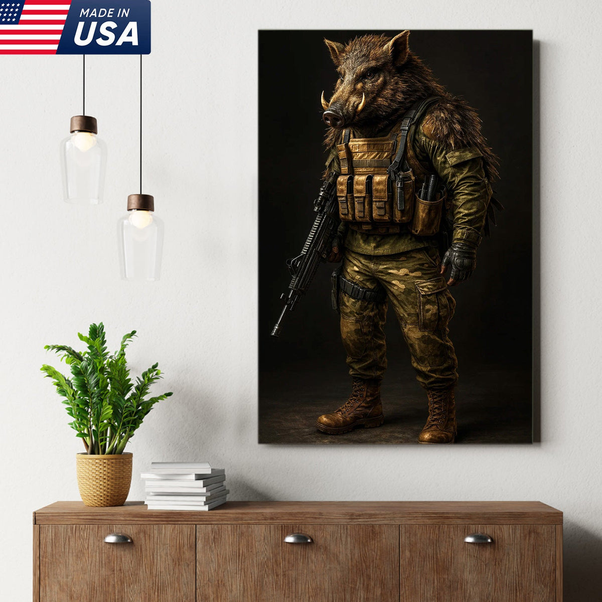 Tactical Boar Canvas Art – Armored Wild Hog Warrior in Combat Gear